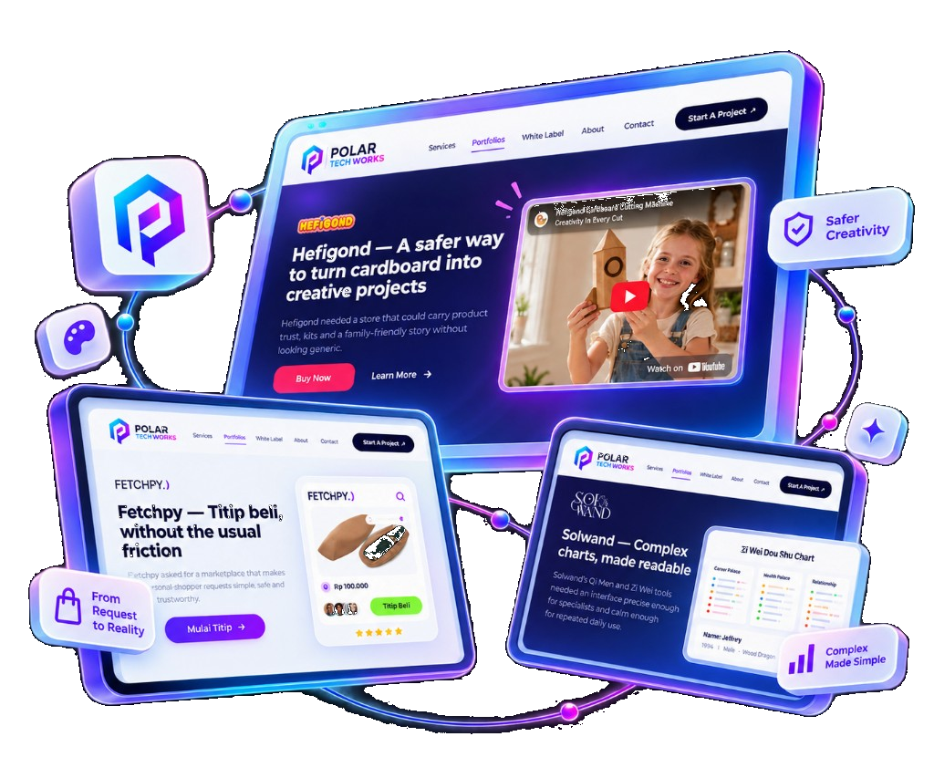 Website previews for Hefigond, Fetchpy, and Solwand