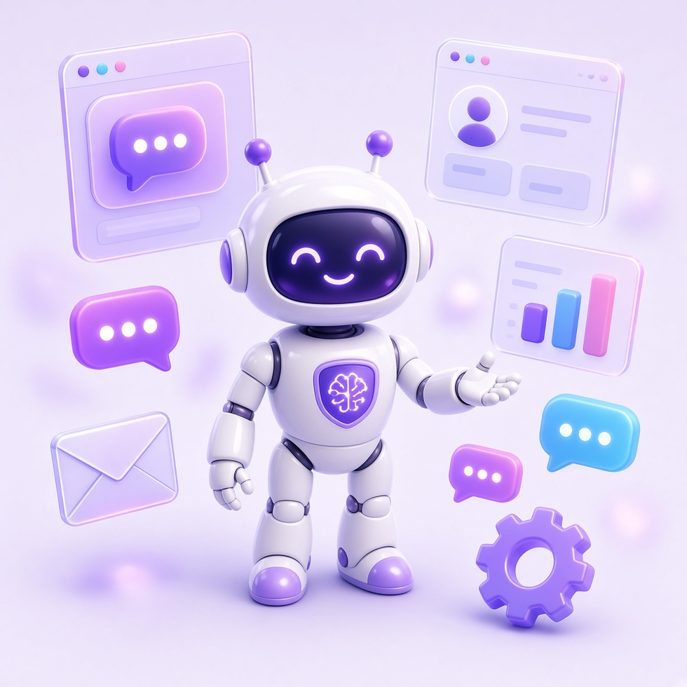 A friendly robot connecting chat, email, and workflow panels