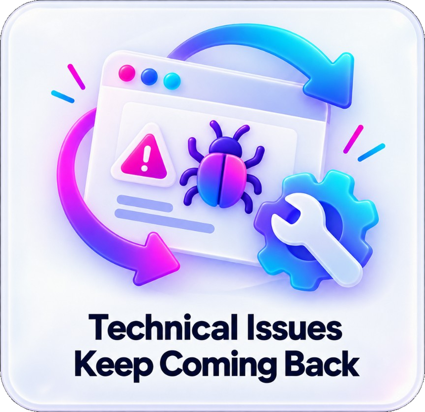 Technical Issues Keep Coming Back. Bugs, access problems and configuration issues repeatedly interrupt day-to-day operations.