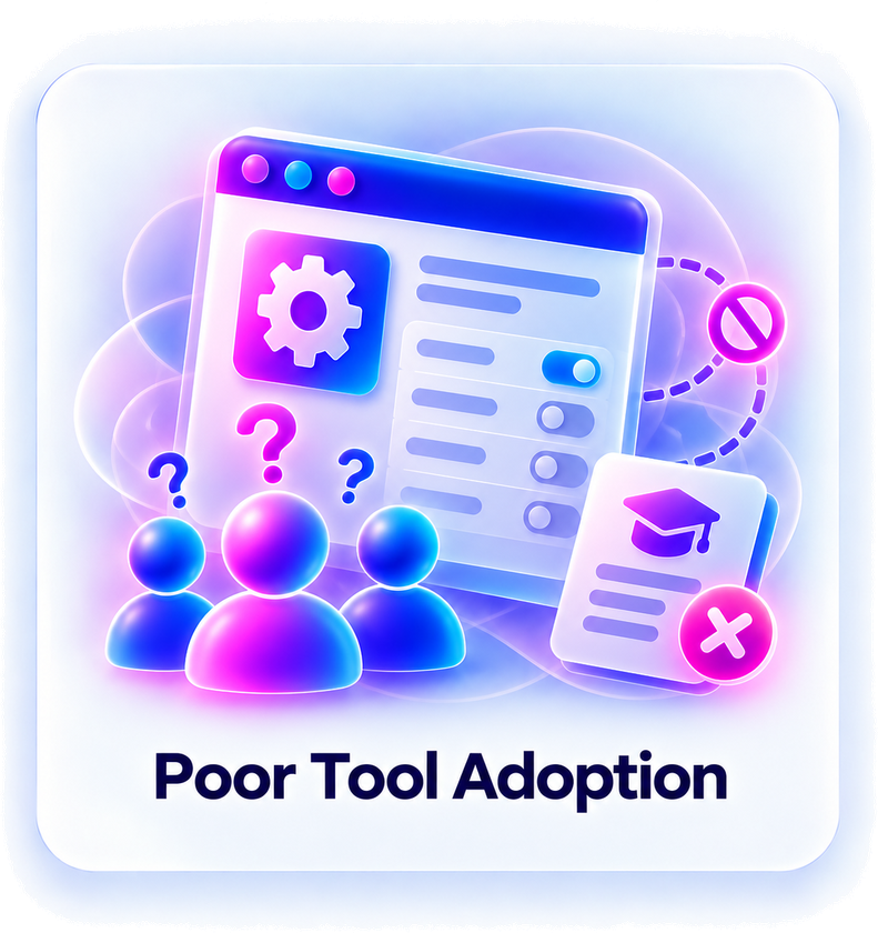 Poor Tool Adoption. New tools are purchased but not properly adopted.