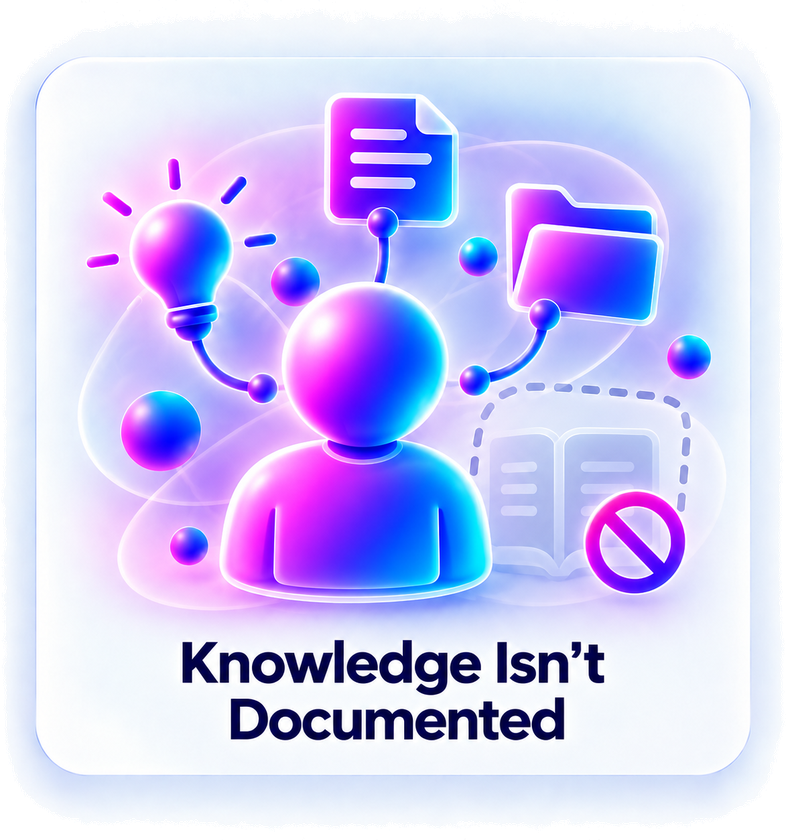 Knowledge Isn't Documented. Knowledge lives with one person instead of being documented.
