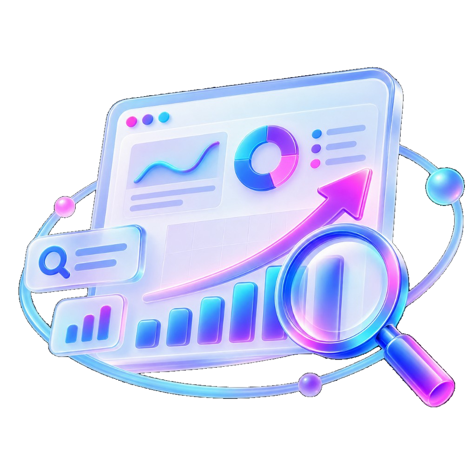 Analytics panels, a magnifying glass, and an upward growth arrow