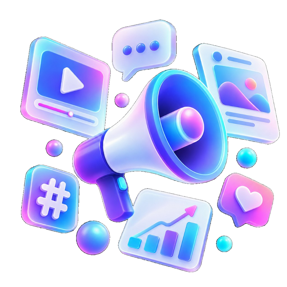 A megaphone surrounded by social, video, and campaign cards