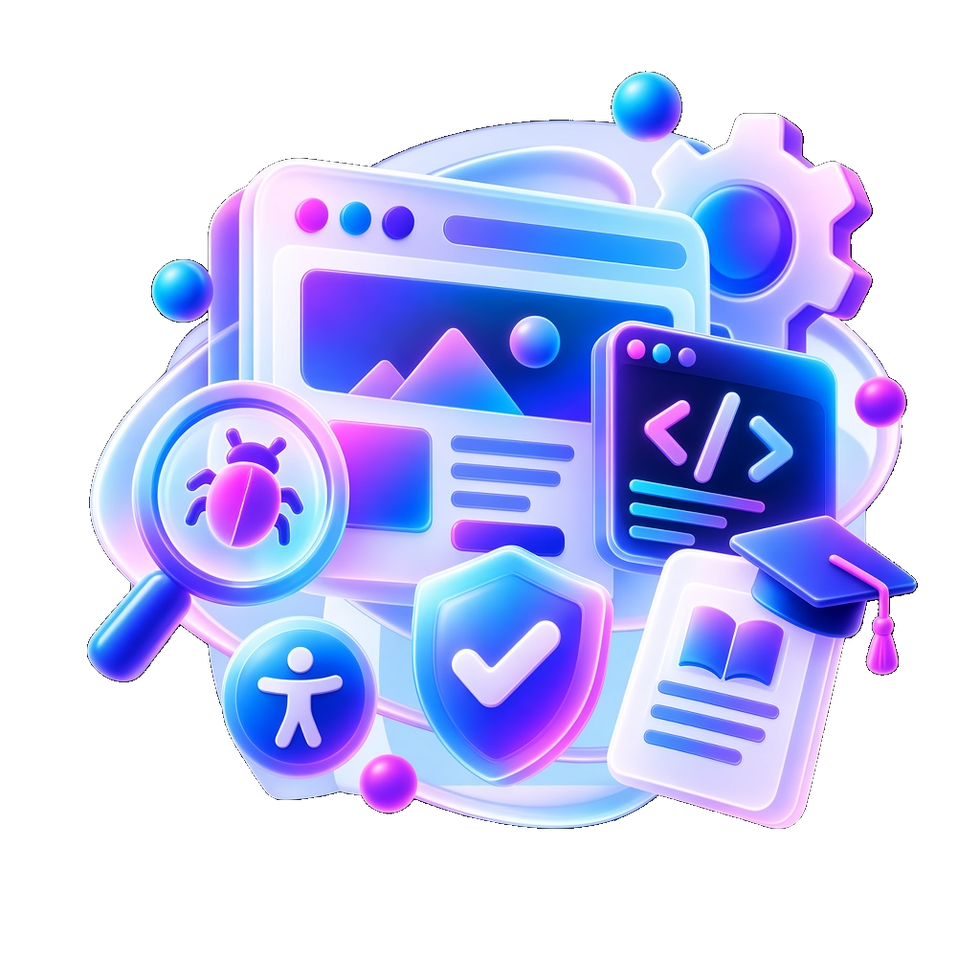 Testing, code, accessibility, and training icons around a product window