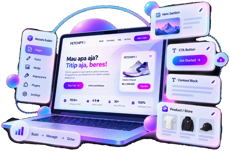 A website builder shown on a laptop, with pages, content, and product blocks around it